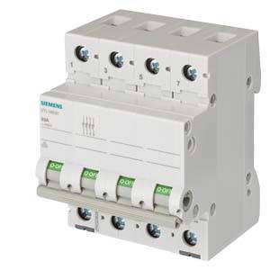 Ein vierpoliger Siemens Leitungsschutzschalter mit Kippschaltern, die auf 'ON' stehen. Geeignet für den Schutz elektrischer Schaltkreise.