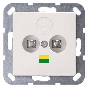 Eine weiße Steckdose mit zwei runden Öffnungen und einem gelb-grünen Symbol darunter. Sie ist für eine Wandmontage vorgesehen.