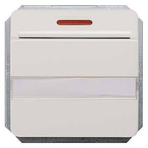 Quadratischer Rauchmelder in Cremeweiß mit rotem Warnlicht oben.