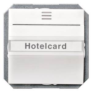 Ein Hotelkartenschalter zur Stromsteuerung, in den eine Karte mit der Aufschrift 'Hotelcard' gesteckt wird.