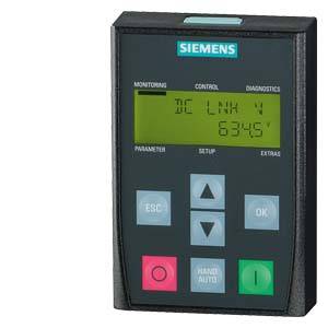 Ein Siemens-Bedienfeld mit grünem Display zeigt 'DC LINK' und '634V'. Es hat Tasten für ESC, Pfeiltasten, OK, Handbetrieb/Auto.