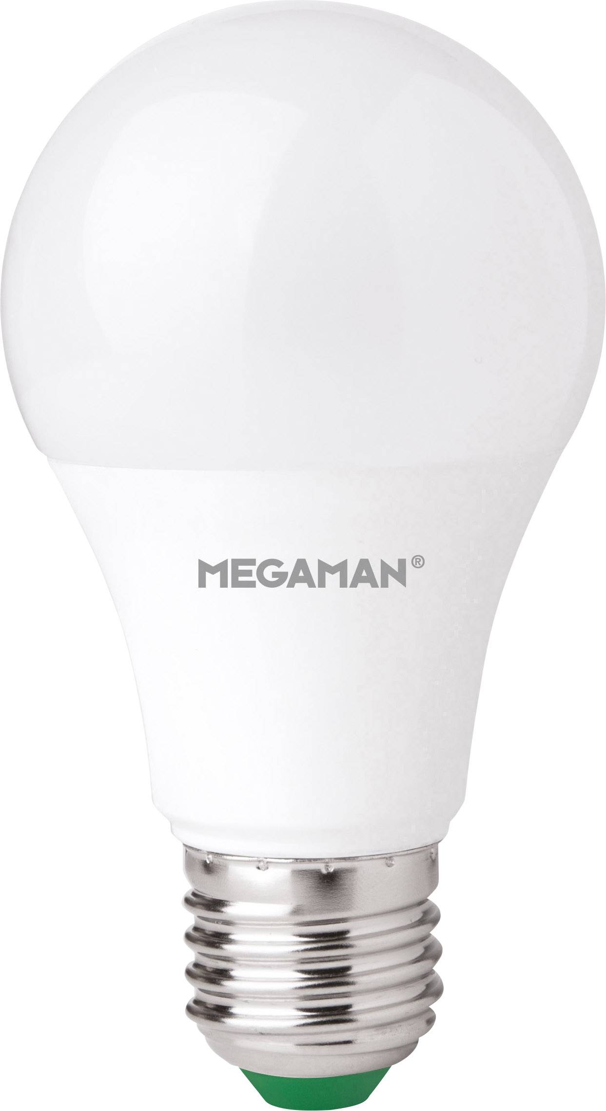Eine LED-Glühbirne der Marke Megaman, weiße Oberfläche, mit Schraubsockel unten. Ideal für energieeffiziente Raumbeleuchtung.