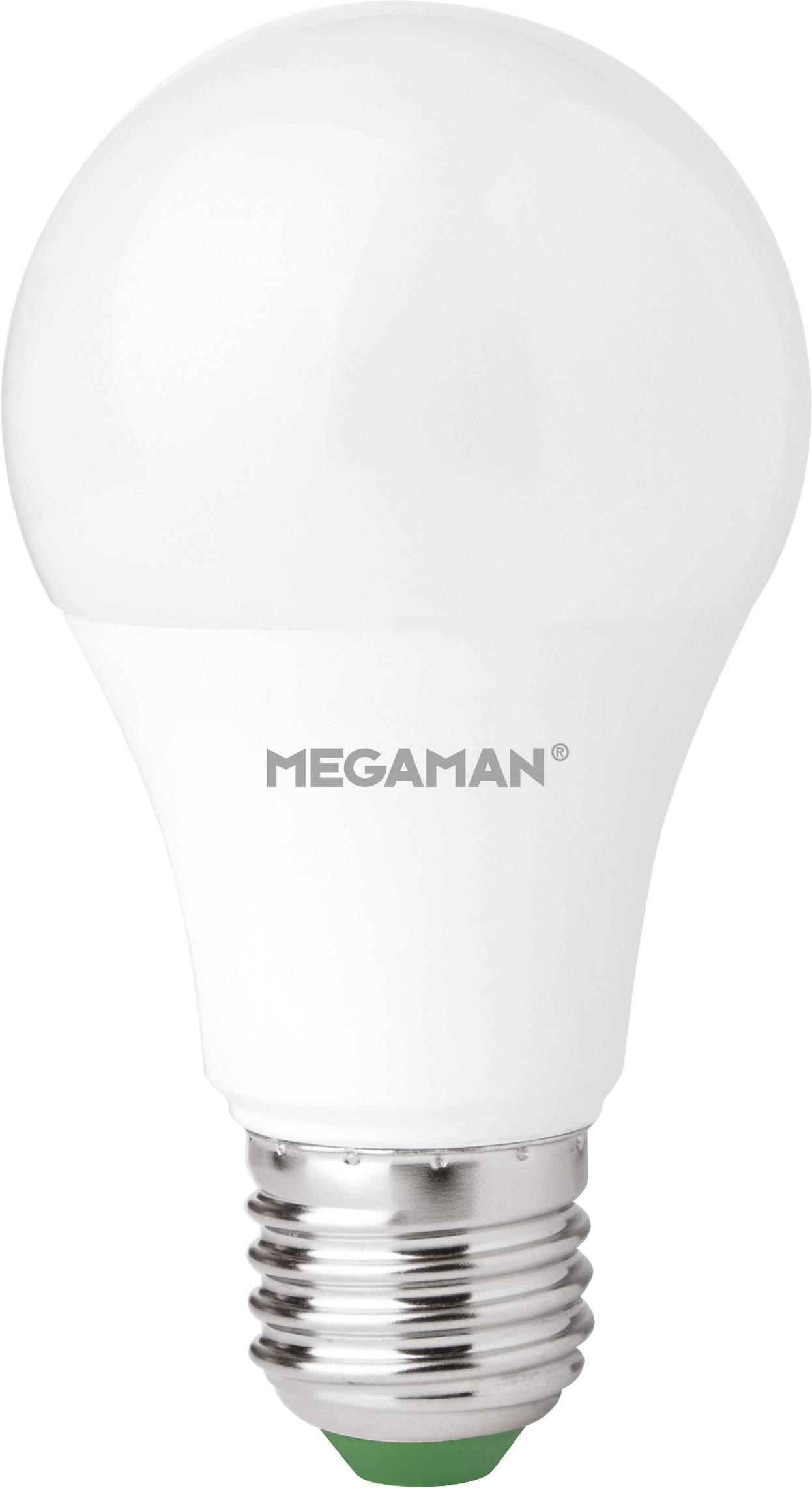 Weiße LED-Glühbirne mit E27-Sockel, Markenname 'Megaman', vor weißem Hintergrund.