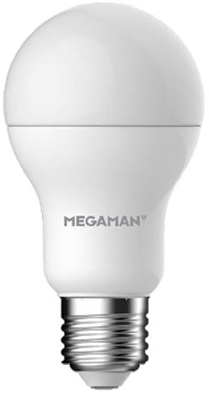 Abgebildet ist eine weiße LED-Glühbirne der Marke Megaman mit einer klassischen Birnenform und einem E27-Sockel.
