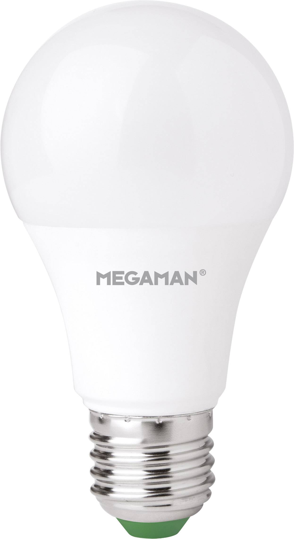 Weiße LED-Glühbirne mit der Aufschrift 'MEGAMAN' auf dem Mittelteil; silberner Sockel unten, geeignet für Standard-Lampenfassungen.