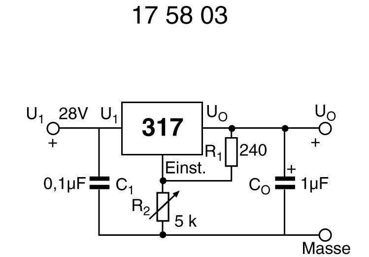 Schaltplan eines Spannungsreglers: U1=28V, Ausgang Uo über Widerstände R1, R2, Kondensatoren C1, Co. Einstellbar auf 5k Ohm.