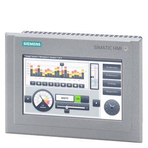 Industrie-HMI-Panel mit Siemens-Logo, das ein farbiges Diagramm und Bedienelemente auf einem Touchscreen-Display zeigt.