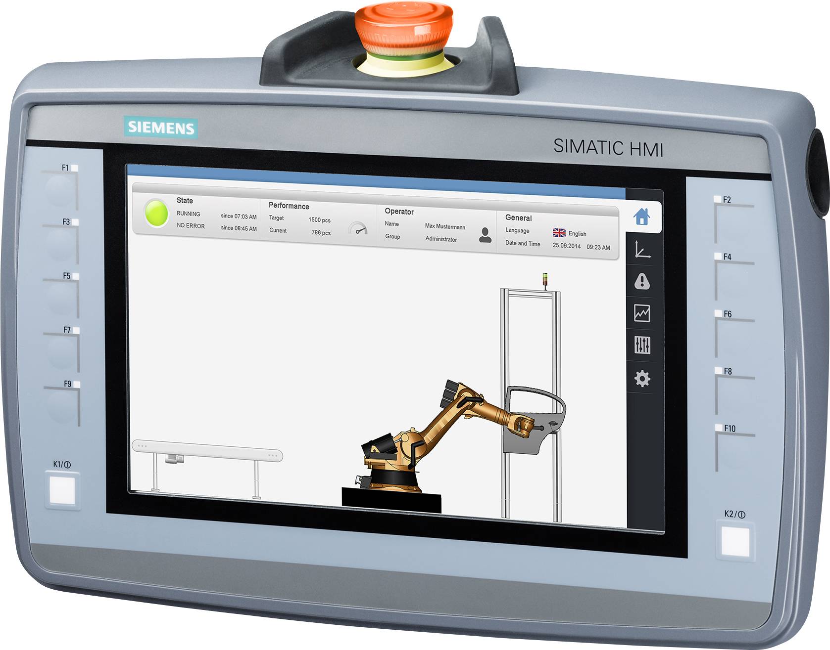 Ein tragbares Siemens SIMATIC HMI-Gerät zeigt eine Benutzeroberfläche zur Steuerung eines Industrieroboters auf dem Bildschirm.