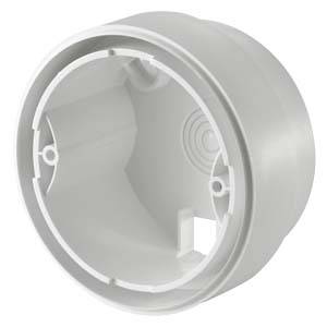 Eine leere, runde, weiße Kunststoff-Bodenbuchse. Sie hat mehrere Montagelöcher für elektrische oder elektronische Verkabelung.