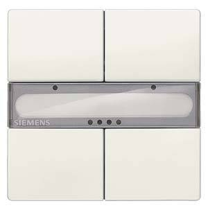 Weißer Siemens-Lichtschalter mit vier rechteckigen Tasten und einem transparenten Mittelteil mit grauen Punkten.