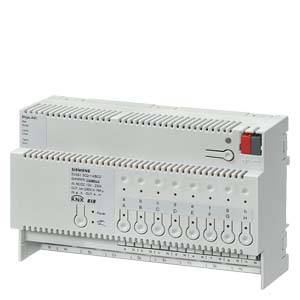 Ein weißes Siemens-KNX-Schaltaktor-Modul mit mehreren Schaltknöpfen und Drehreglern zur Steuerung elektrischer Geräte in Gebäuden.