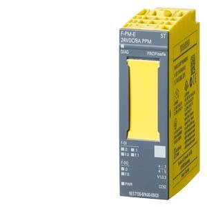 Ein gelbes elektronisches Modul mit der Aufschrift 'F-PCM-8A' und '24VDC PPM' auf der Vorderseite. Enthält technische Symbole.