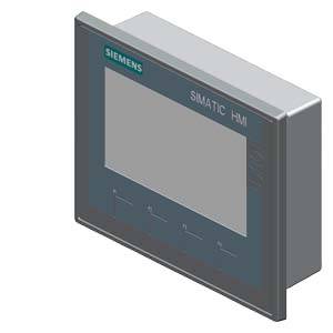 Industrie-Display von Siemens, beschriftet mit 'SIMATIC HMI', zeigt keine Bildschirminhalte. Gerät mit grauem Gehäuse und grünem Logo oben links.