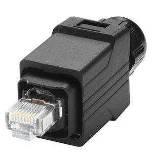 Ein schwarzer RJ45-Stecker-Adapter, hauptsächlich verwendet für Netzwerkverbindungen, mit sichtbarem Netzwerkkabelanschluss.