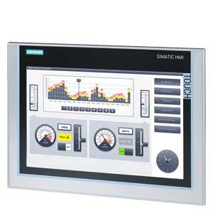 Ein Touchscreen-Bedienfeld zeigt eine grafische Benutzeroberfläche mit Diagrammen, Drehreglern und Tasten zur Maschinensteuerung.