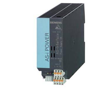 Industrie-Netzteil von Siemens, AS-i Power, mit Beschriftungen auf der Vorderseite und mehreren Anschlussklemmen unten.