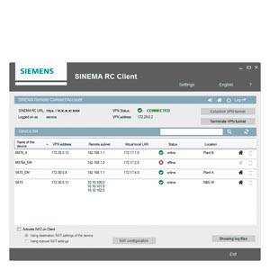 'SIEMENS SINEMA RC Client'-Benutzeroberfläche zeigt VPN-Status als 'VERBUNDEN', drei aktive Verbindungen mit je unterschiedlichen Standorten.