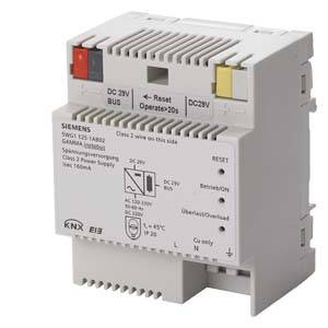 Ein Siemens KNX Stromversorgungsmodul mit Schaltern und LEDs zur Statusanzeige. Aufschrift: 'Input: 230V AC, Output: 30V DC, max. 160mA'.