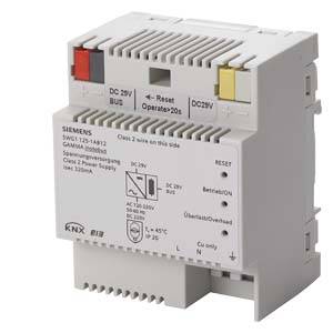 Siemens Stromversorgungseinheit für KNX-Systeme. Zeigt Anschlussklemmen, Reset-Taste und Betriebs-LEDs. Modell GWG 1213-1281.
