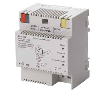 Ein Schaltnetzteil von Siemens für KNX-Systeme mit Anschlüssen oben, Anzeigeleuchten und Beschriftungen für Stromversorgung.