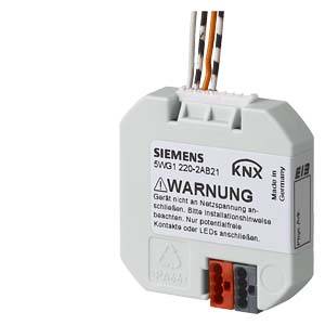 Elektrischer Schalter von Siemens für KNX-Systeme, mit Warnhinweis: Vor Netzspannung anschließen, Installationshinweise beachten.