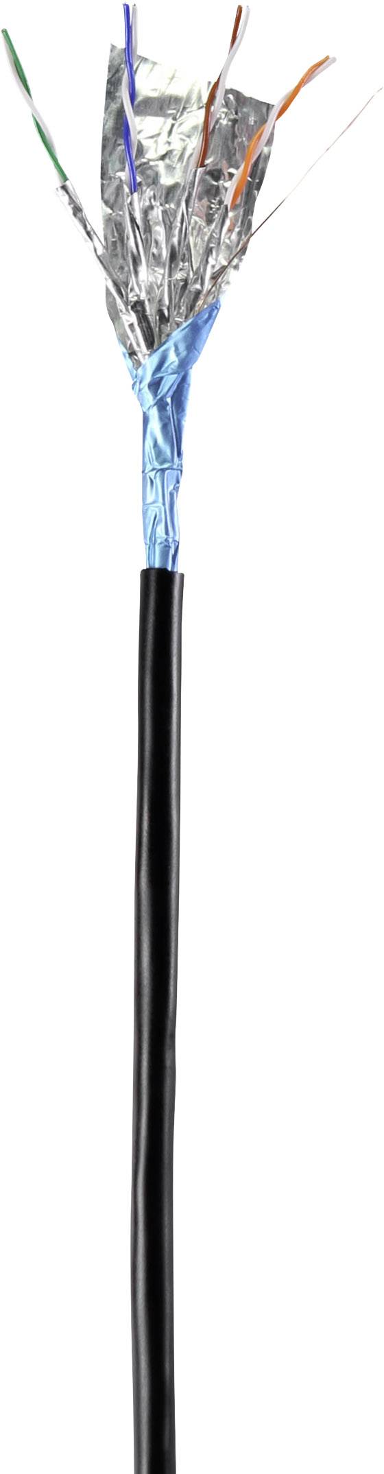 Ein offenes Kabel mit mehreren freiliegenden Drähten, umgeben von einer schwarzen äußeren Isolierung.
