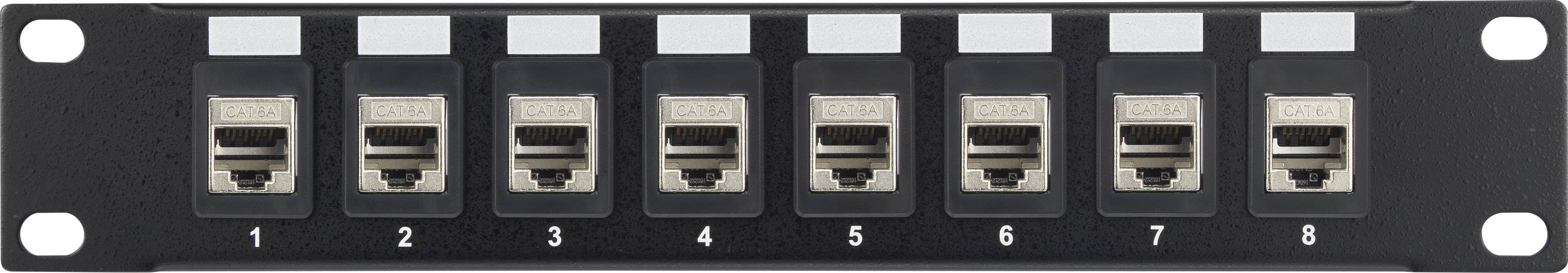 Fiber Optic Patch Panel mit 8 Ports, jeder nummeriert von 1 bis 8. Jedes Port hat einen leeren Steckplatz für eine optische Verbindung.