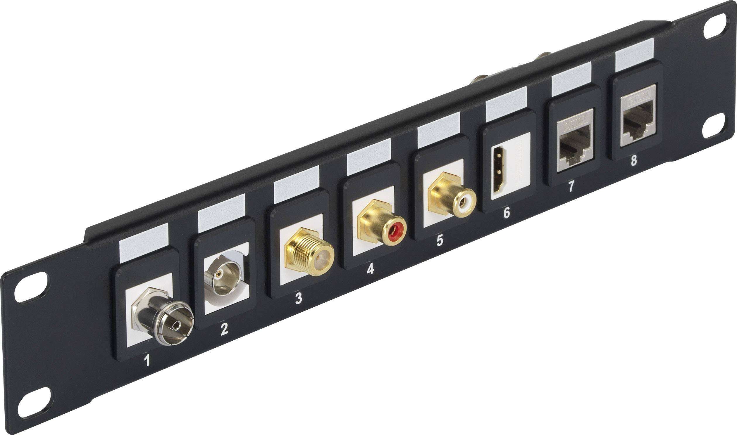 Gerätepaneel mit acht Anschlüssen: Koaxial, F-Stecker, Bananenstecker, Cinch und zwei RJ45-Ports, nummeriert von 1 bis 8.