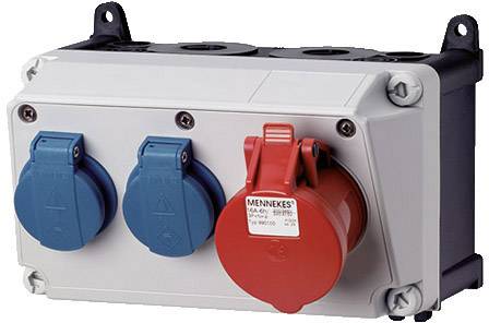 Industrielle Steckdosenleiste mit zwei blauen und einer roten Steckdose, geeignet für elektrische Anwendungen in industriellen Umgebungen.
