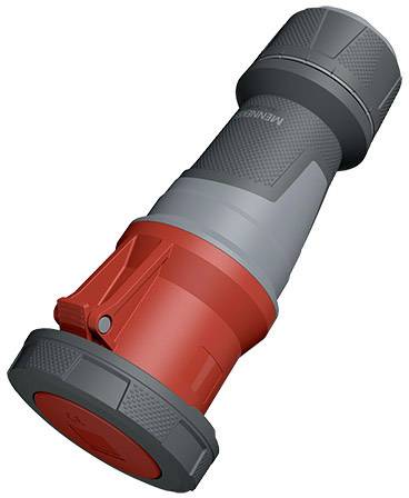 Ein roter und grauer industrieller Steckadapter, seitlich liegend, mit robustem Design für erhöhte Sicherheit und Haltbarkeit.