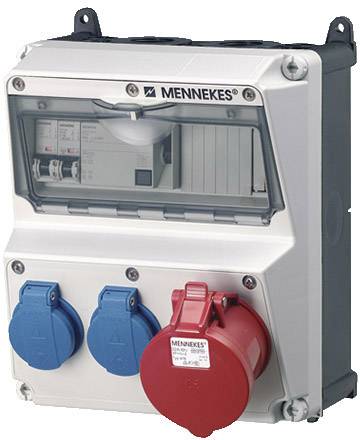 Elektrischer Verteilerkasten mit blauen und rotem Steckdosenanschluss, Markenname sichtbar oben, verwendet für industrielle Stromanschlüsse.