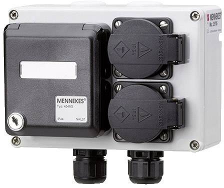 Industrie-Steckdose von MENNEKES, Typ 4346, mit zwei schwarzen Steckplätzen und einem Gehäuse in Weiß, IP44.