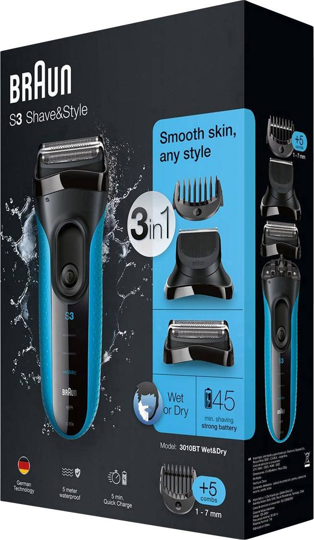 Braun Series 3 Shave&Style 3010BT Folienrasierer Schwarz, Blau