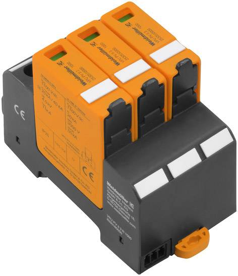 Leitungsschutzschalter mit orangefarbenem Gehäuse, zeigt drei Schaltelemente und technische Daten, dient dem Schutz elektrischer Anlagen.