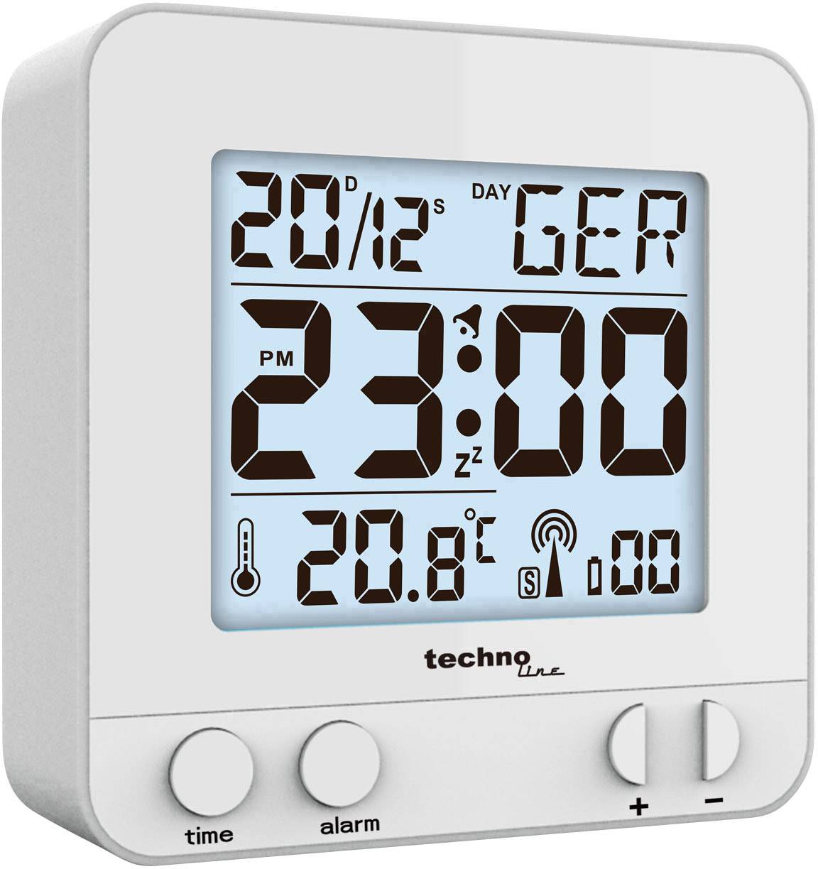 Digitaluhr mit Datumsanzeige: '20/12', Wochentag 'GER', Uhrzeit '23:00 PM', Temperaturanzeige '20.8°C', Symbole für Wecker und Empfangsstärke.