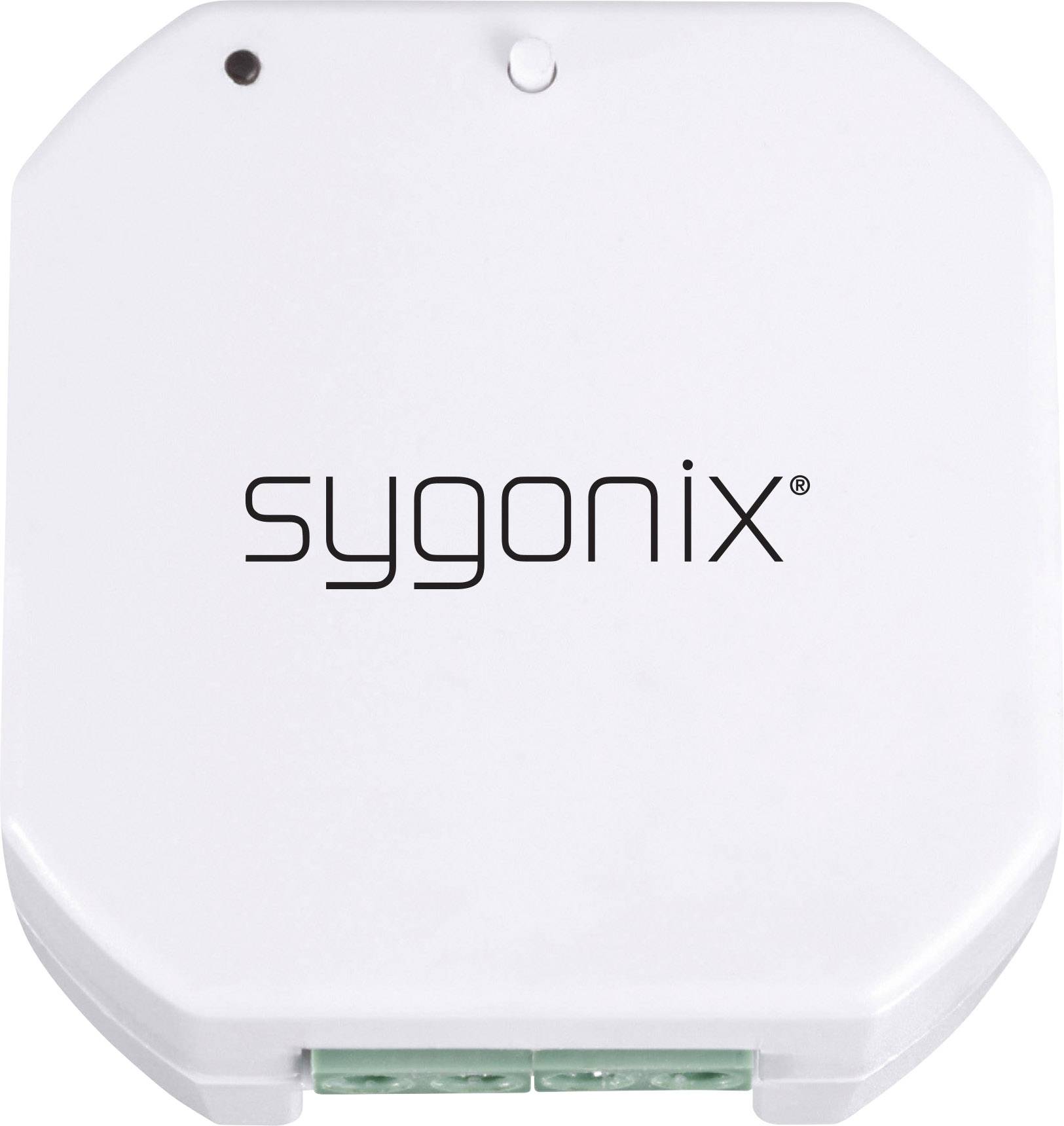 Ein weißer, quadratischer Smart-Home-Schalter mit abgerundeten Ecken, der das Logo 'sygonix' trägt.