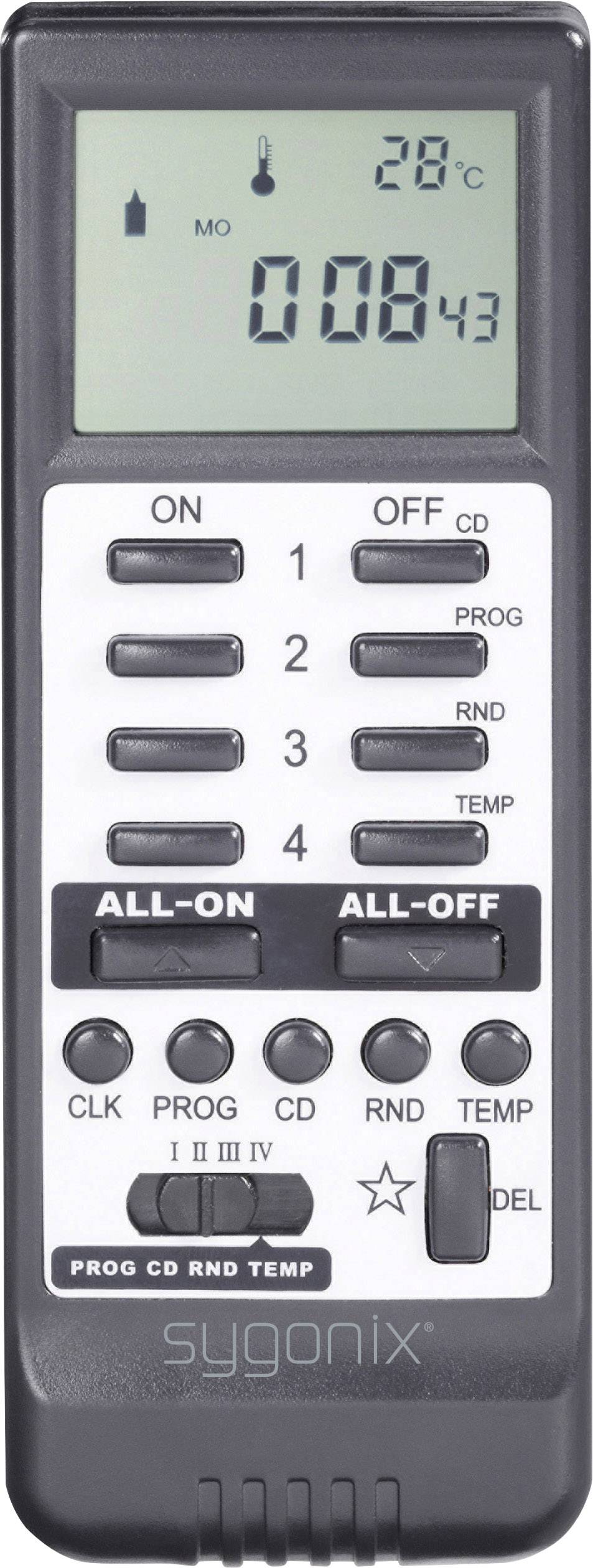 Digitale Zeitschaltuhr mit LCD-Anzeige, Tasten für ON, OFF, PROG. Funktionen für ALL-ON, ALL-OFF, Temperaturanzeige.