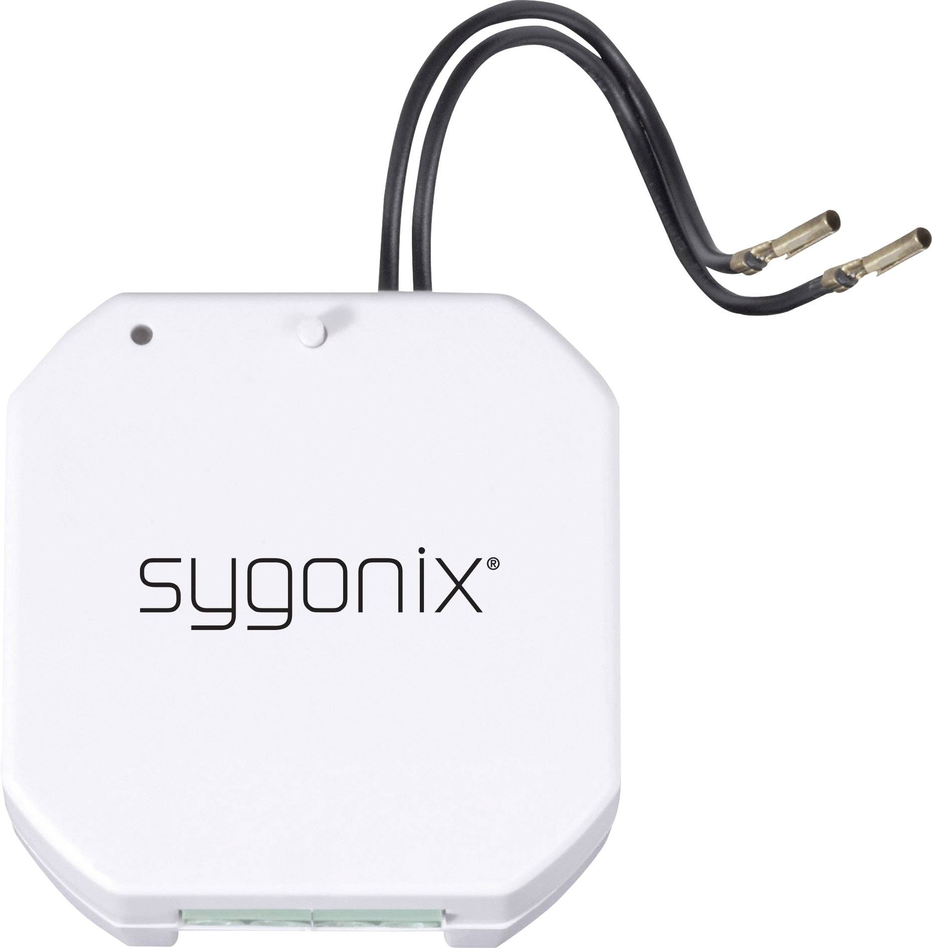 Ein weißes, quadratisches Gerät von Sygonix mit abgerundeten Ecken und zwei angeschlossenen schwarzen Kabeln.