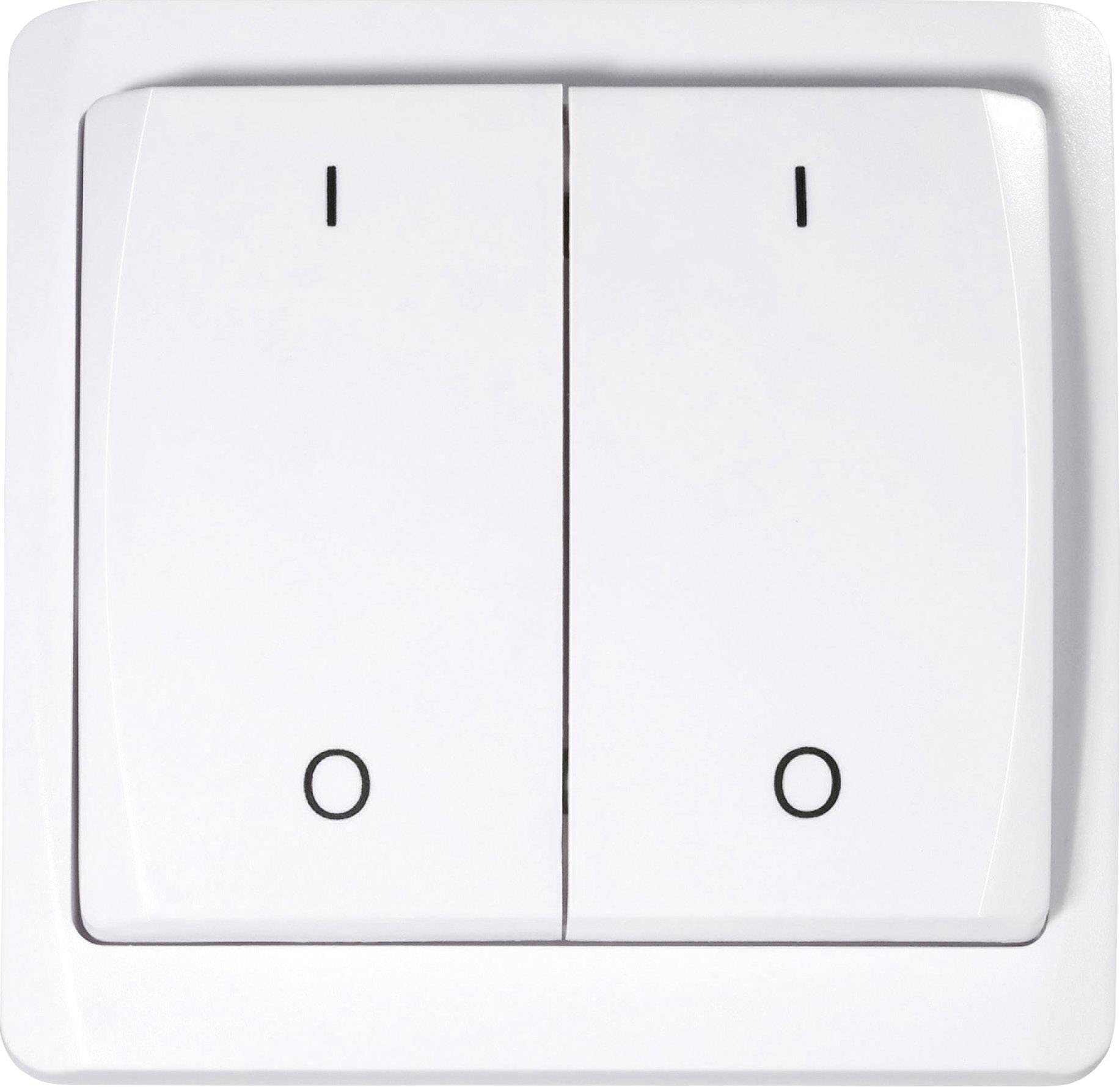 Lichtschalter mit zwei Kippschaltern, links auf 'Aus' und rechts auf 'Ein', in einem weißen Plastikrähmensockel montiert.