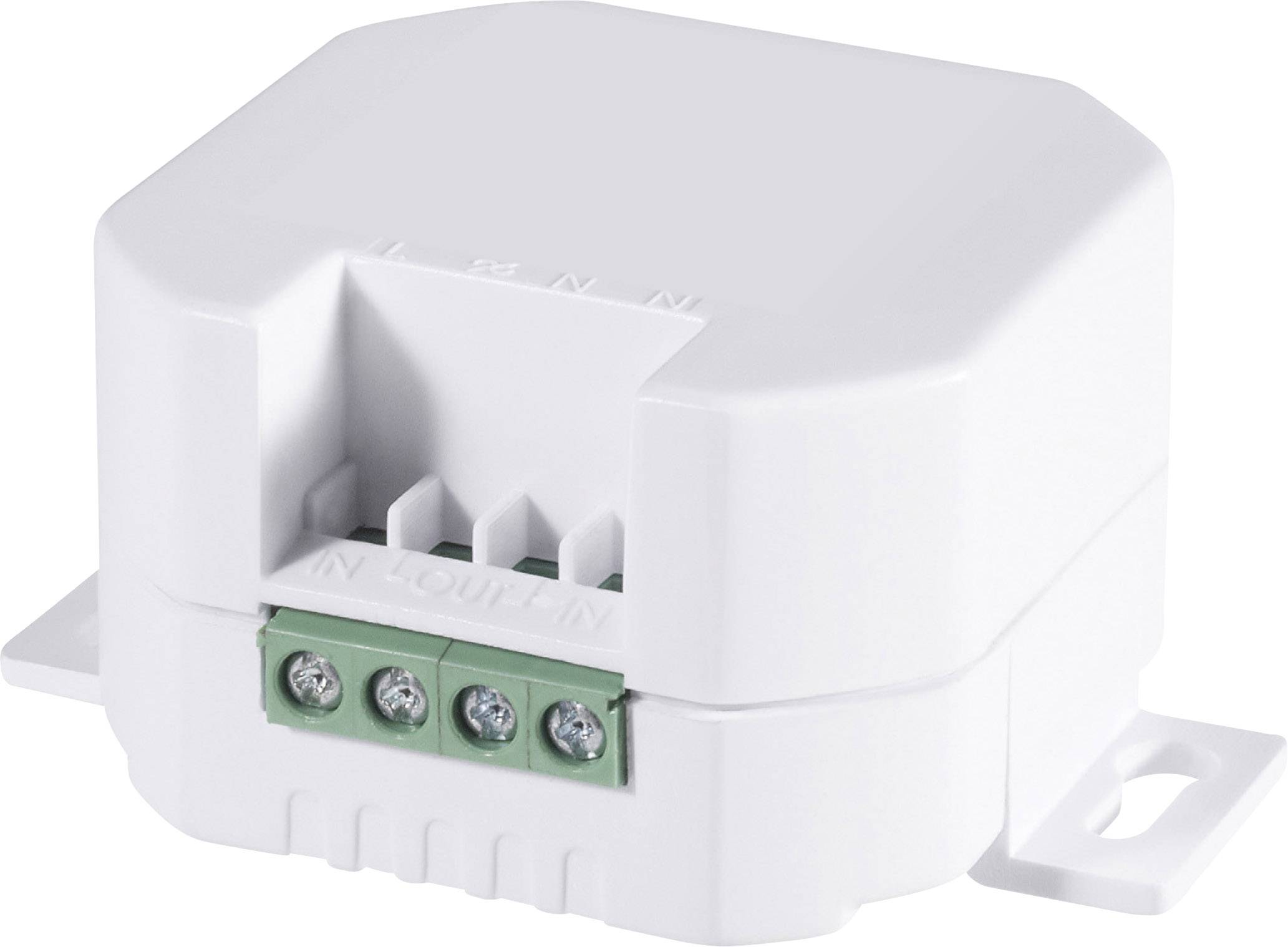 Ein weißes, elektronisches Gerät mit vier grünen Anschlussklemmen auf der Vorderseite, geeignet für elektrische Installationen.