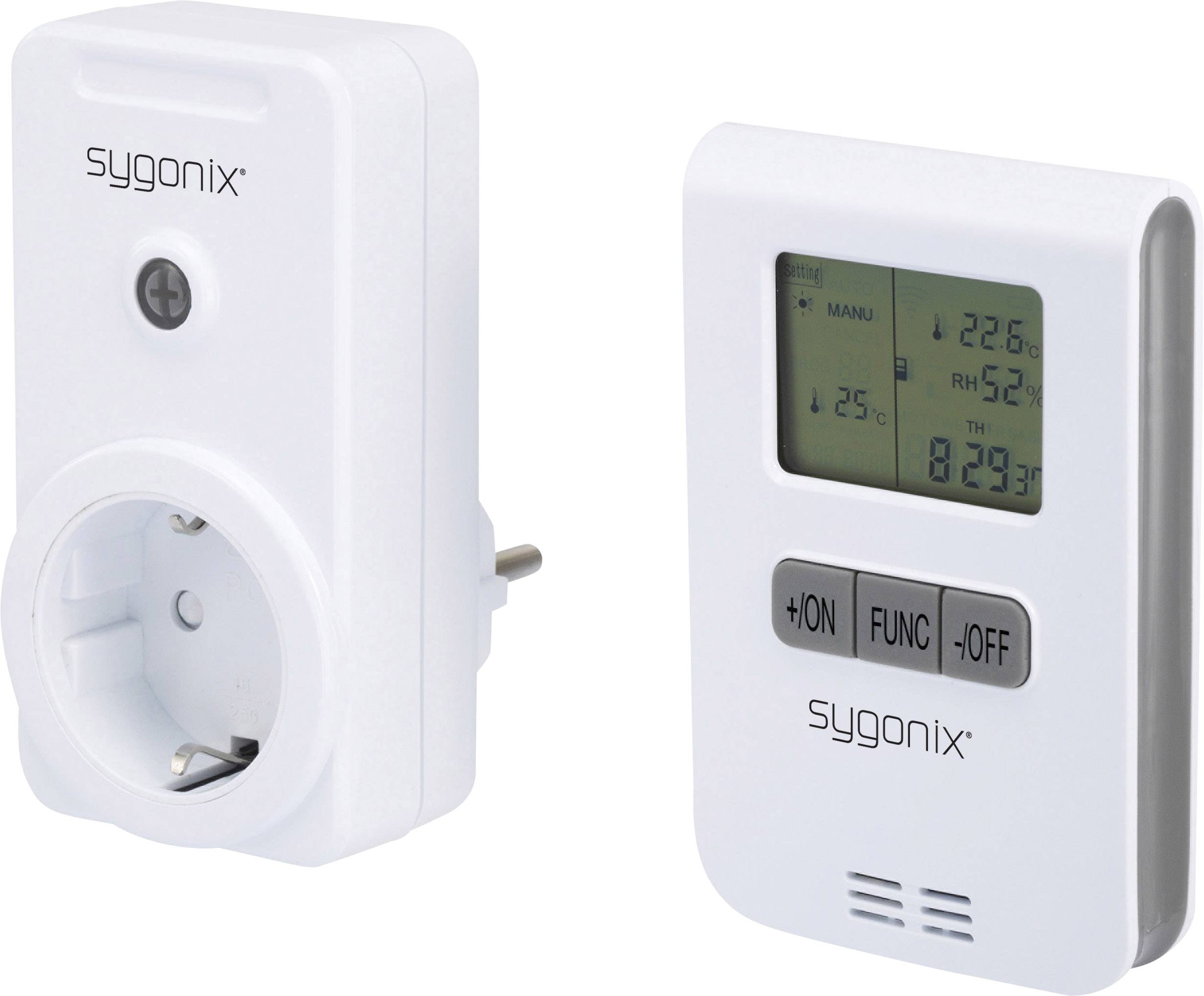 Eine weiße, programmierbare Steckdose und ein Thermostat mit Displayanzeige und Bedientasten für Temperatur- und Feuchtigkeitskontrolle.