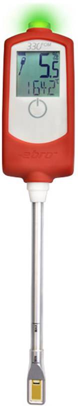 Digitales Thermometer mit langem Stab zeigt 5,5°C und 16,4°C an; grüne LED oben signalisiert sichere Temperatur.