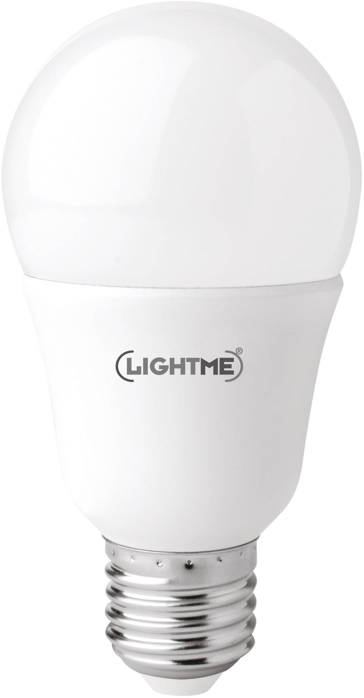 Eine weiße LED-Glühbirne in Tropfenform mit silberner Fassung und der Aufschrift 'Lightme' auf der Vorderseite.