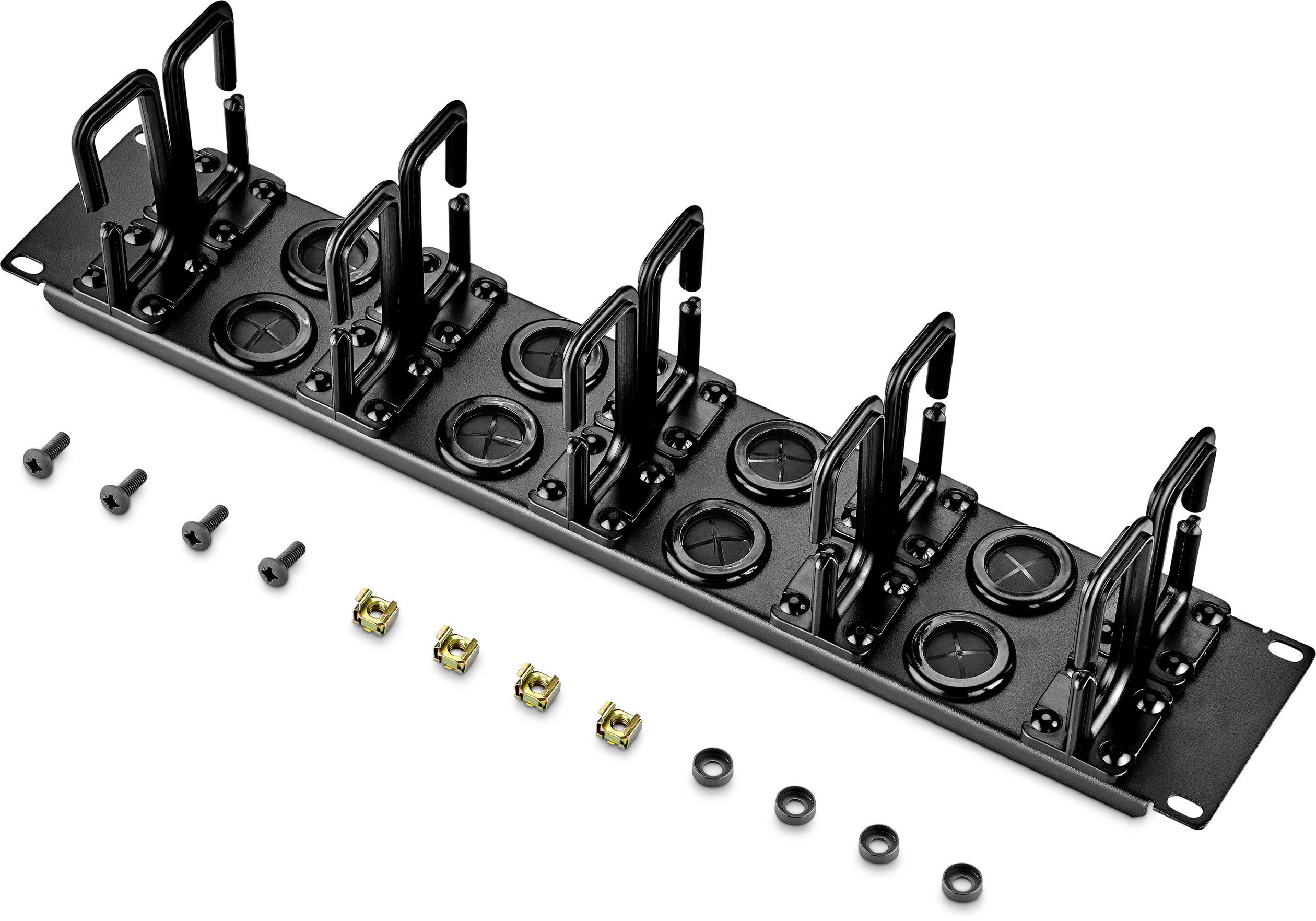 Ein schwarzes Rack-Montagepanel mit acht Kabelmanagern, Schrauben und Befestigungselementen. Ideal zur Kabelorganisation in IT-Umgebungen.