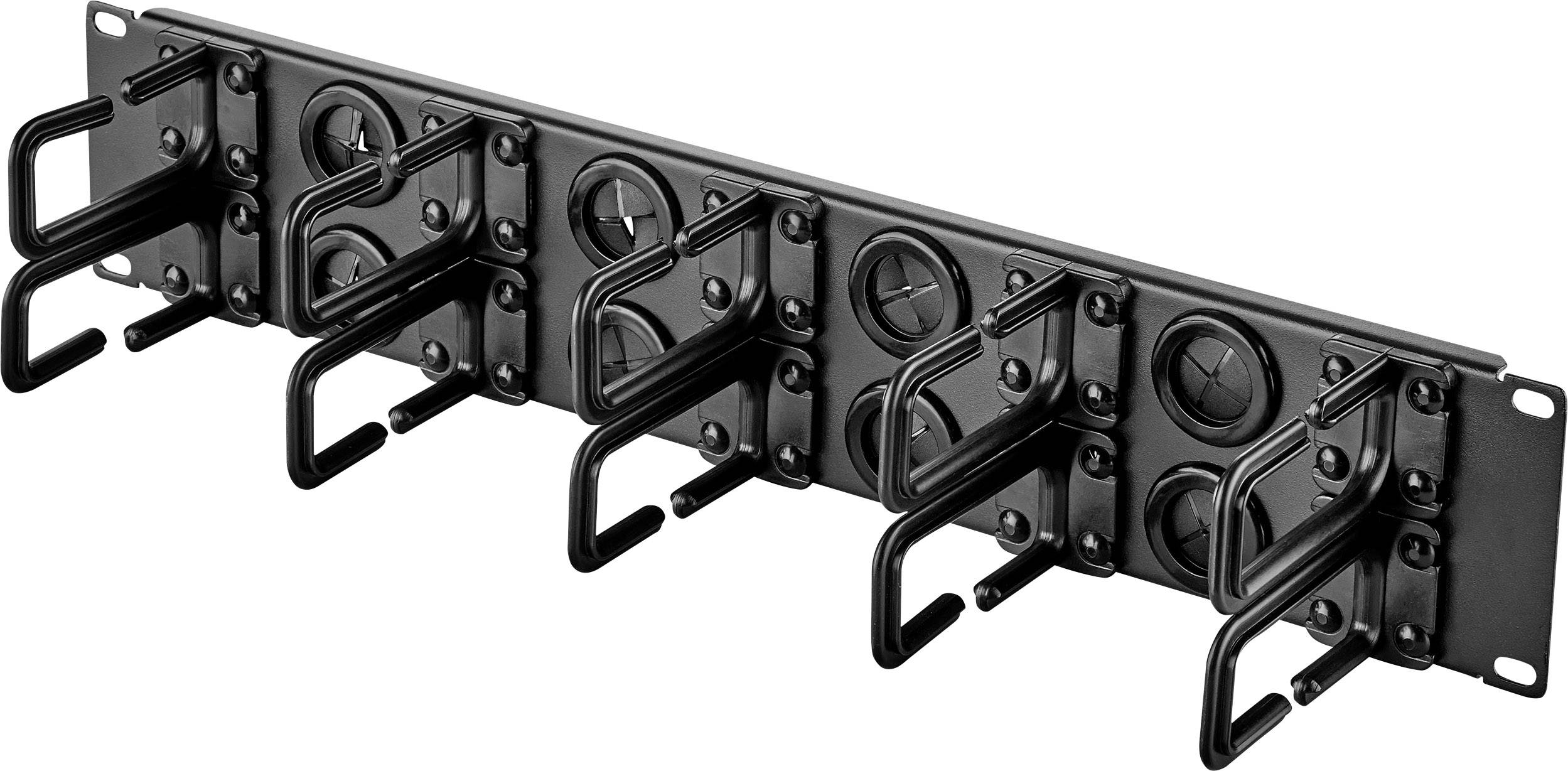Ein schwarzes Metallkabelmanagement-Rack für Server, montiert mit sechs S-förmigen Haken zum Organisieren und Halten von Kabeln.