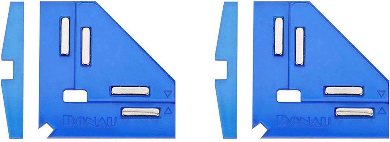 Zwei blaue Plastik-Ecken-Clips mit Metallstiften, die zur Fixierung von Blättern verwendet werden. Markenname 'DONAU' sichtbar.