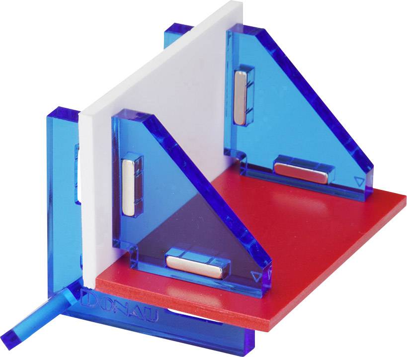 Zwei blaue, durchsichtige Winkelanschläge und eine rote, rechteckige Platte bilden eine rechtwinklige Einfassung zur Unterstützung von Gegenständen.