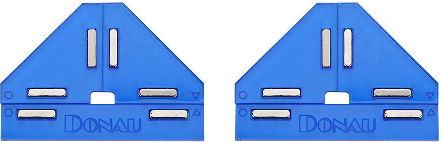 Zwei blaue dreieckige Lochverstärker aus Plastik mit Metallklemmen, die dazu dienen, gelochte Papierblätter in einem Ordner stabiler zu machen.