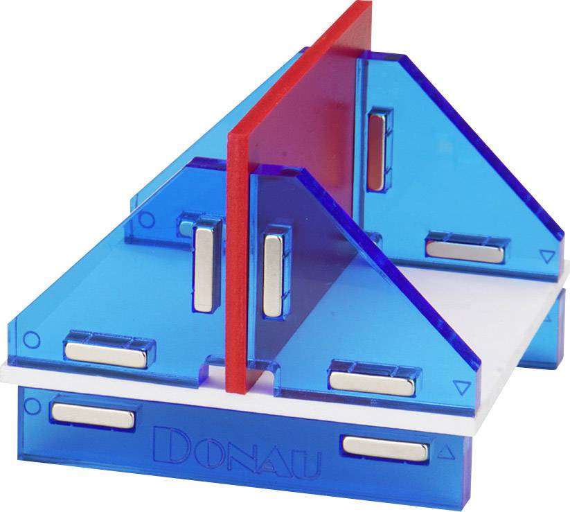 Blauer und roter Magazinsortierer aus Acryl in Dreiecksform. Ideal zur Organisation und Aufbewahrung von Dokumenten auf dem Schreibtisch.