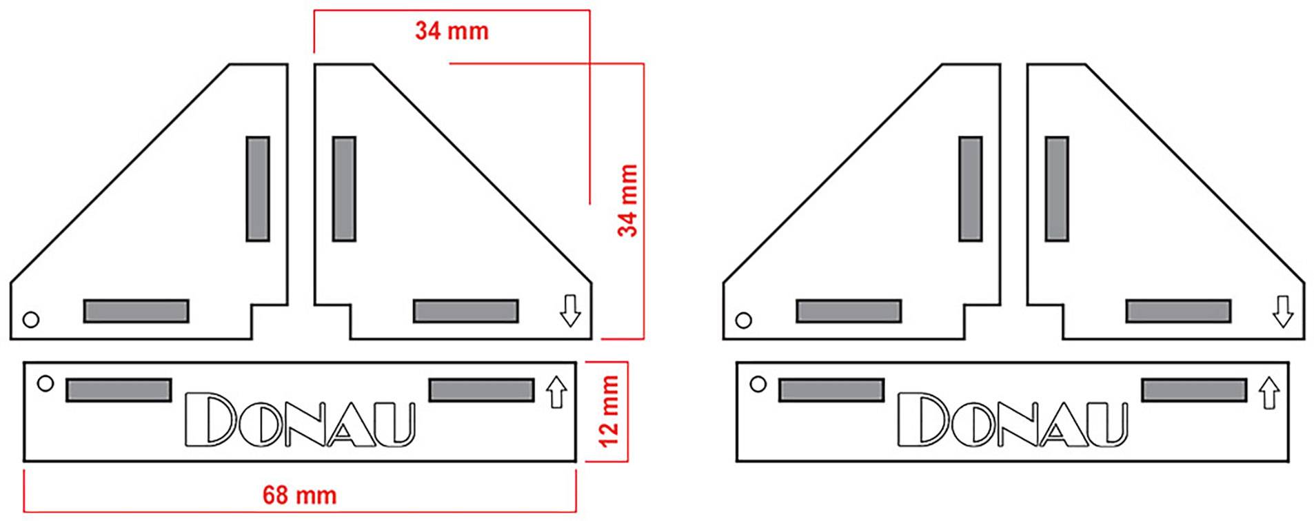'Diagramm von zwei rechtwinkligen Dreiecksformen und einem Rechteck mit den Maßen 68 mm und 34 mm. Das Wort 'DONAU' ist eingraviert.'